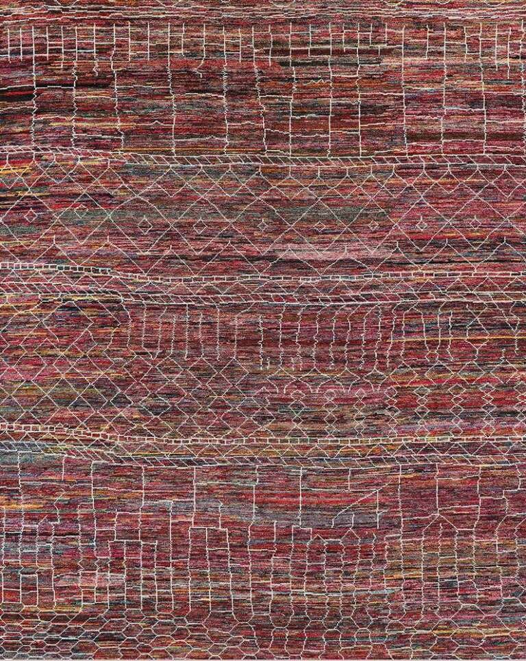 A deep red handmade Moroccan rug with a fine white lattice, by Olker Rugs