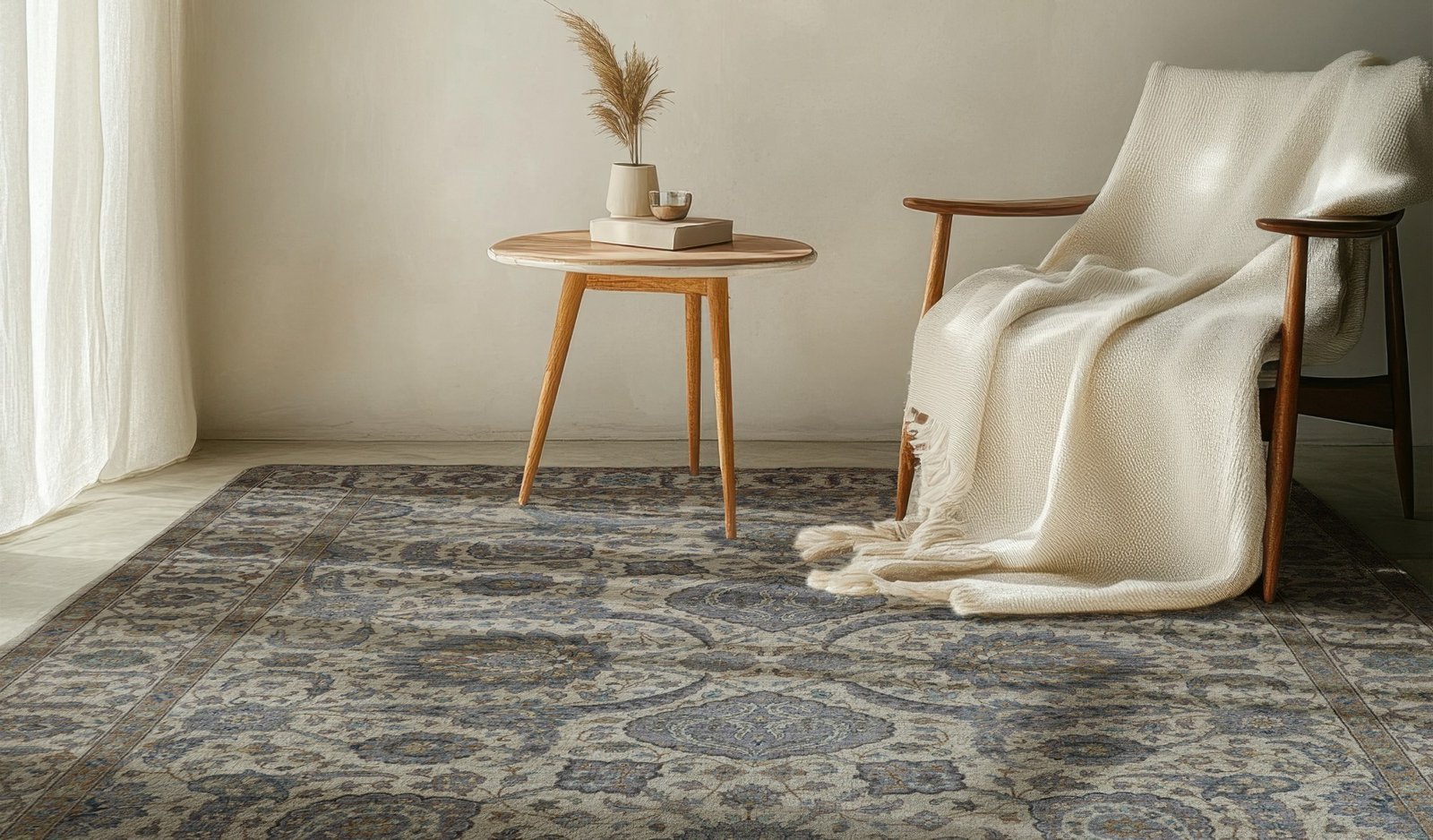 A handmade Olker Rugs rug in a quiet room, with a chair and a side table