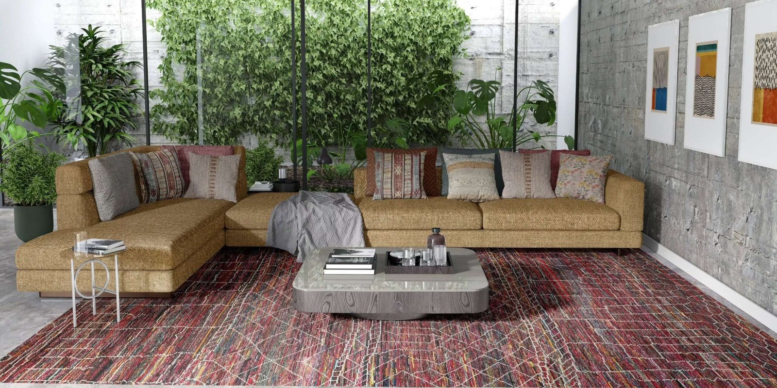 A handmade Olker Rugs Moroccan rug in a living room with concrete walls and planting